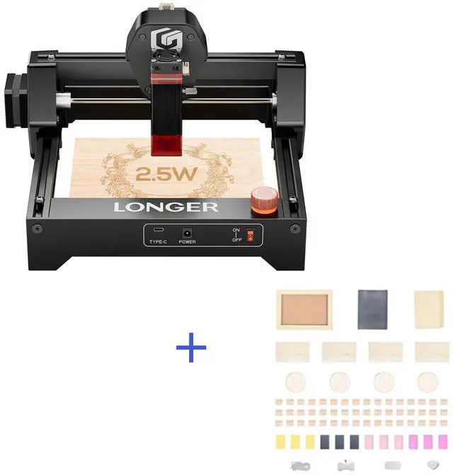 Main image of LONGER RAY5 Mini 2.5W Laser Engraver with Consumables Kit. Features a 0.04 mm laser spot and engraving speeds up to 12,000 mm/min. Ideal for DIY projects on wood, metal, acrylic, leather, and more.
