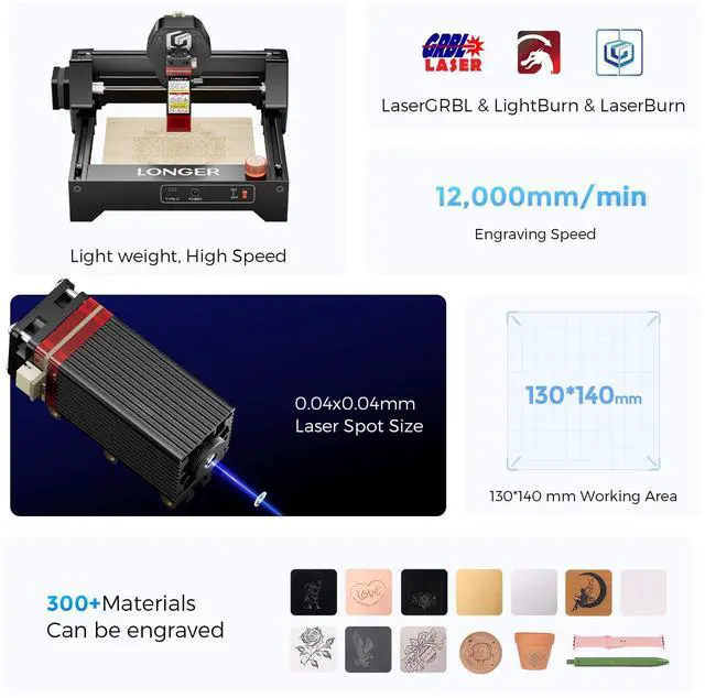 Alt view image 2 of 7 - LONGER RAY5 Mini 2.5W Laser Engraver with Consumables Kit. Features a 0.04 mm laser spot and engraving speeds up to 12,000 mm/min. Ideal for DIY projects on wood, metal, acrylic, leather, and more.