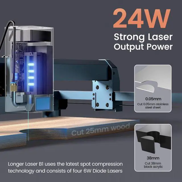 Alt view image 2 of 7 - LONGER Laser B1 Laser Engraver, 120W DIY Precision Laser Cutter, 20W Laser Engraver with Air Assist, Supports Precise Cutting of Wood, Metal, Acrylic and Stainless Steel, 450×440mm Working Area