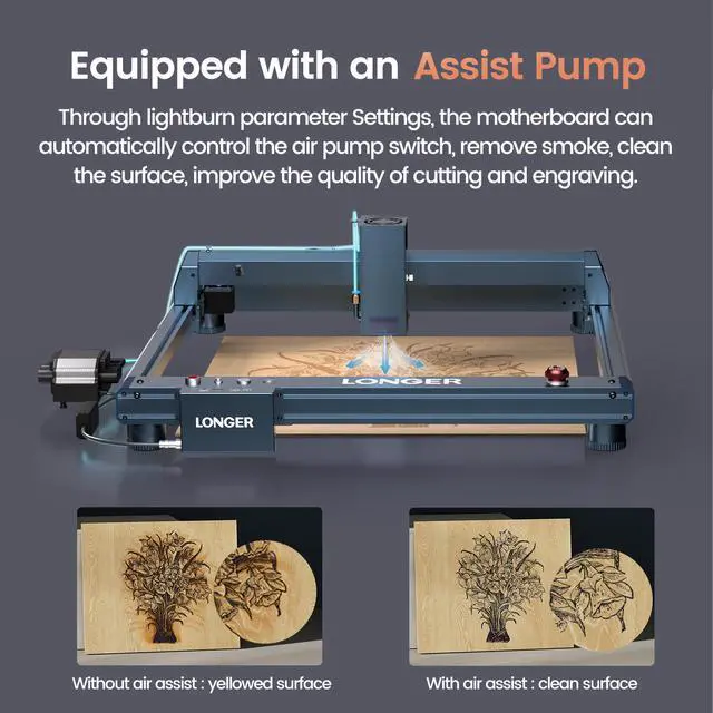 Alt view image 3 of 7 - LONGER Laser B1 Laser Engraver, 120W DIY Precision Laser Cutter, 20W Laser Engraver with Air Assist, Supports Precise Cutting of Wood, Metal, Acrylic and Stainless Steel, 450×440mm Working Area