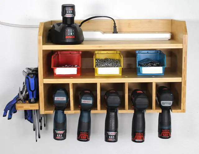 Main image of DupliM Inc Bamboo Wall-Mounted Power Tool Organizer & Storage Rack - FSC-Certified Assembly Required