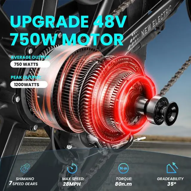 Alt view image 3 of 7 - VITILAN V3 2.0 Electric Bike for Adults 750W Folding Electric Bike 20"x4.0" Fat Tire Bikes Mountain Beach Snow Bike,28MPH Maximum Speed,48V 13AH Removable Battery Electric Bike with Shimano 7-Speed