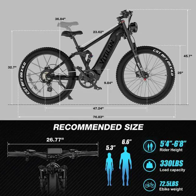Alt view image 6 of 7 - VITILAN T7 Pro Electric Bike, 1000W Motor, 35Mph, 52V 20Ah Sam-Sung Battery, Full Suspension EBike, 26 Electric Mountain Bike Fat Tire, 8-Speed