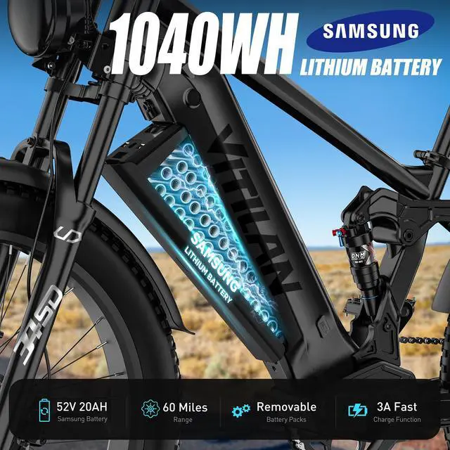 Alt view image 3 of 7 - VITILAN T7 Pro Electric Bike, 1000W Motor, 35Mph, 52V 20Ah Sam-Sung Battery, Full Suspension EBike, 26 Electric Mountain Bike Fat Tire, 8-Speed