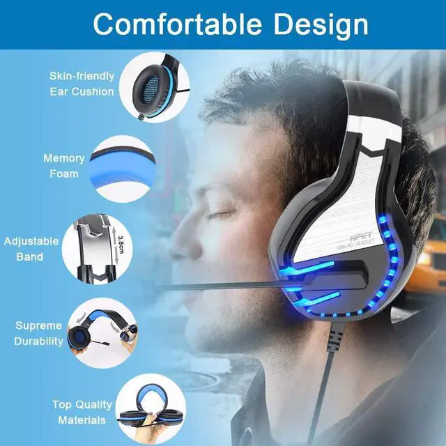 Alt view image 6 of 7 - NPET HS10 Stereo Gaming Headset for PS4, PC, Xbox One Controller, Noise Cancelling Over-Ear Headphones with Mic, Soft Memory Earmuffs, LED Backlit, Volume Control, Blue
