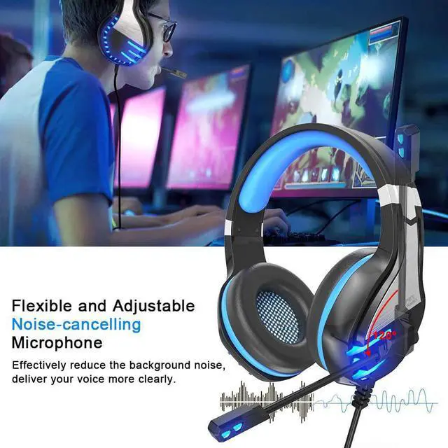 Alt view image 7 of 7 - NPET HS10 Stereo Gaming Headset for PS4, PC, Xbox One Controller, Noise Cancelling Over-Ear Headphones with Mic, Soft Memory Earmuffs, LED Backlit, Volume Control, Blue