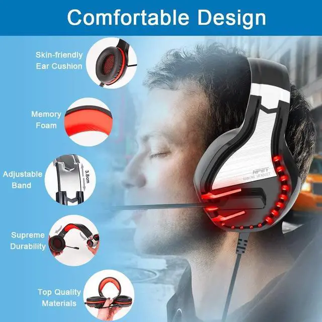 Alt view image 6 of 7 - NPET HS10 Stereo Gaming Headset for PS4, PC, Xbox One Controller, Noise Cancelling Over-Ear Headphones with Mic, Soft Memory Earmuffs, LED Backlit, Volume Control,Red
