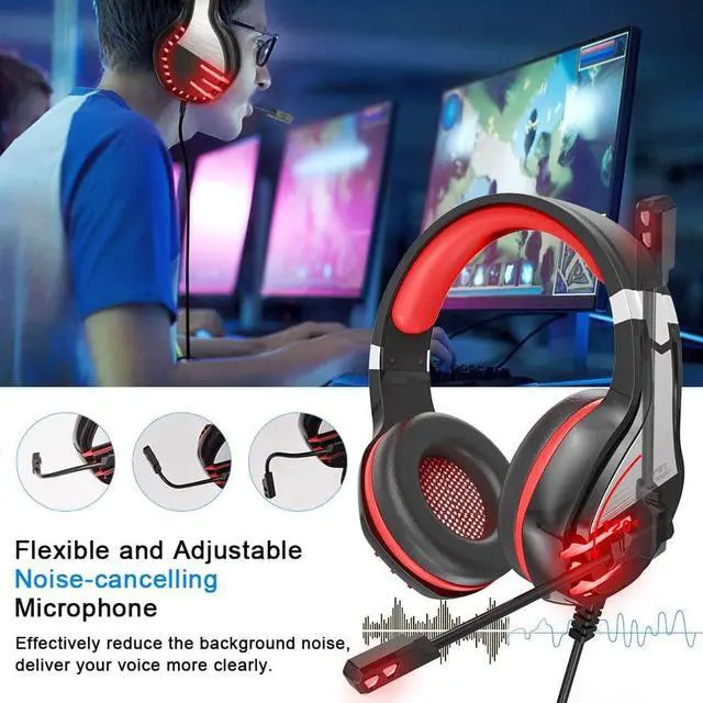 Alt view image 4 of 7 - NPET HS10 Stereo Gaming Headset for PS4, PC, Xbox One Controller, Noise Cancelling Over-Ear Headphones with Mic, Soft Memory Earmuffs, LED Backlit, Volume Control,Red