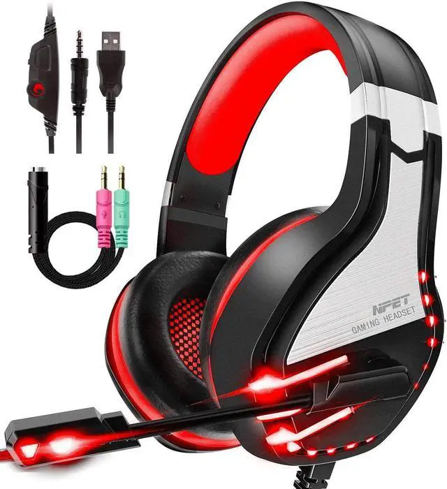 Main image of NPET HS10 Stereo Gaming Headset for PS4, PC, Xbox One Controller, Noise Cancelling Over-Ear Headphones with Mic, Soft Memory Earmuffs, LED Backlit, Volume Control,Red
