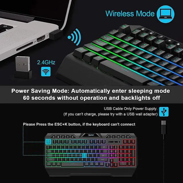 Alt view image 4 of 7 - NPET K32 Wireless Gaming Keyboard RGB with Wrist Rest - Long-Lasting Rechargeable Battery - Quick and Quiet Typing - Water Resistant Backlit Wireless Keyboard for PC PS5 PS4 Xbox One Mac - Black