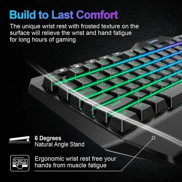Alt view image 6 of 7 - NPET K32 Wireless Gaming Keyboard RGB with Wrist Rest - Long-Lasting Rechargeable Battery - Quick and Quiet Typing - Water Resistant Backlit Wireless Keyboard for PC PS5 PS4 Xbox One Mac - Black