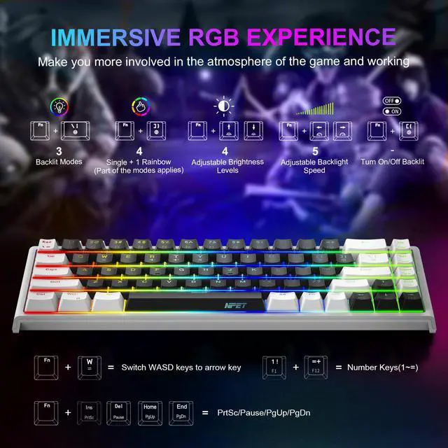 Alt view image 7 of 7 - NPET K62 65% Gaming Keyboard, RGB Backlit Ultra-Compact Gaming Keyboard, Mini Wired Computer Membrane Keyboard for Windows PC Gamers(68 Keys, Black White)