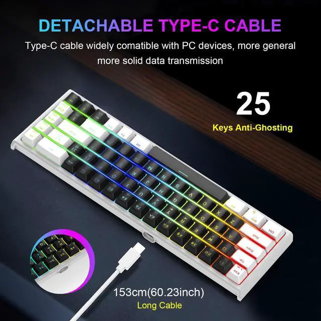 Alt view image 2 of 7 - NPET K62 65% Gaming Keyboard, RGB Backlit Ultra-Compact Gaming Keyboard, Mini Wired Computer Membrane Keyboard for Windows PC Gamers(68 Keys, Black White)
