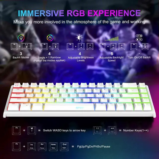 Alt view image 7 of 7 - NPET K62 65% Gaming Keyboard, RGB Backlit Ultra-Compact Gaming Keyboard, Mini Wired Computer Membrane Keyboard for Windows PC Gamers(68 Keys, White)