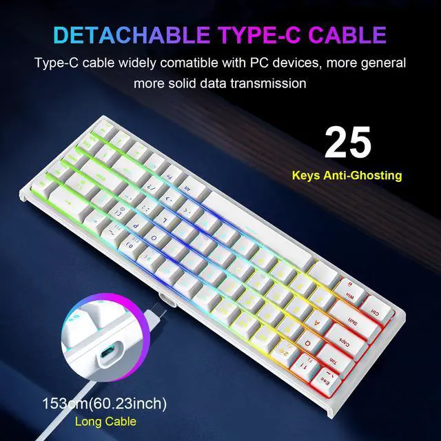 Alt view image 2 of 7 - NPET K62 65% Gaming Keyboard, RGB Backlit Ultra-Compact Gaming Keyboard, Mini Wired Computer Membrane Keyboard for Windows PC Gamers(68 Keys, White)