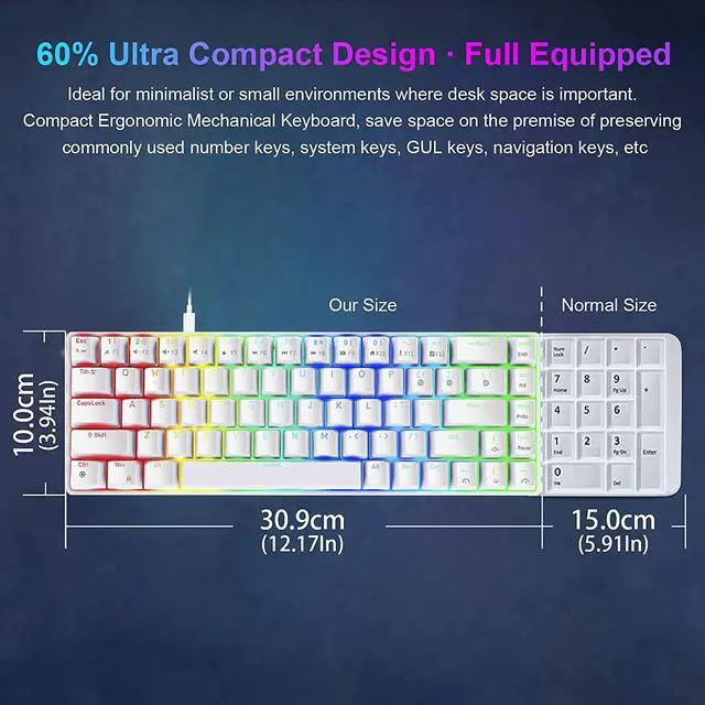 Alt view image 4 of 7 - NPET K61 65% Mechanical Gaming Keyboard, RGB Backlit Ultra-Compact Gaming Keyboard, Mini Wired Computer Keyboard with Blue Switches for Windows PC Gamers (68 Keys, White)