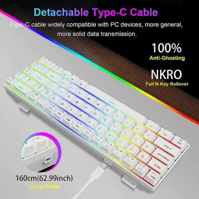 Alt view image 2 of 7 - NPET K61 65% Mechanical Gaming Keyboard, RGB Backlit Ultra-Compact Gaming Keyboard, Mini Wired Computer Keyboard with Blue Switches for Windows PC Gamers (68 Keys, White)