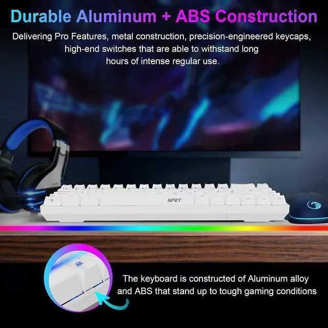 Alt view image 5 of 7 - NPET K61 65% Mechanical Gaming Keyboard, RGB Backlit Ultra-Compact Gaming Keyboard, Mini Wired Computer Keyboard with Blue Switches for Windows PC Gamers (68 Keys, White)