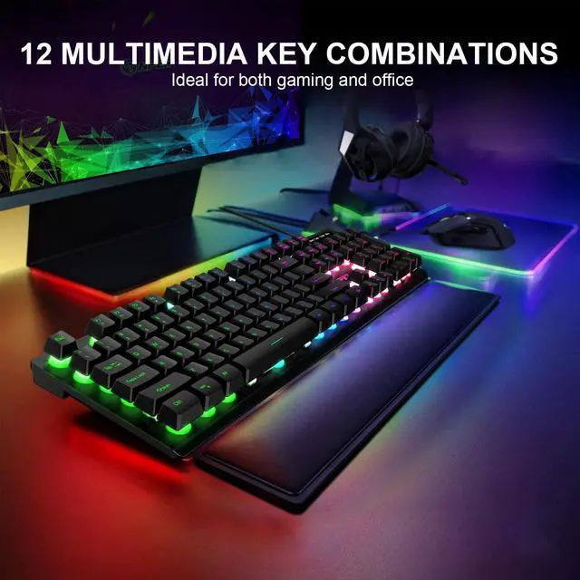Alt view image 5 of 7 - NPET K10 Gaming Keyboard, LED Backlit, Spill-Resistant Design, Multimedia Keys, Quiet Silent USB Membrane Keyboard for Desktop, Computer, PC (Black)
