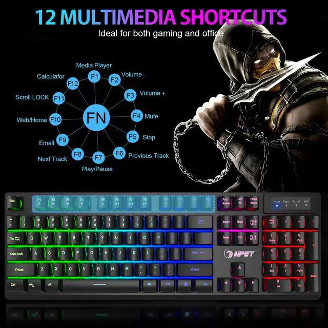 Alt view image 7 of 7 - NPET K10 Gaming Keyboard, LED Backlit, Spill-Resistant Design, Multimedia Keys, Quiet Silent USB Membrane Keyboard for Desktop, Computer, PC (Black)