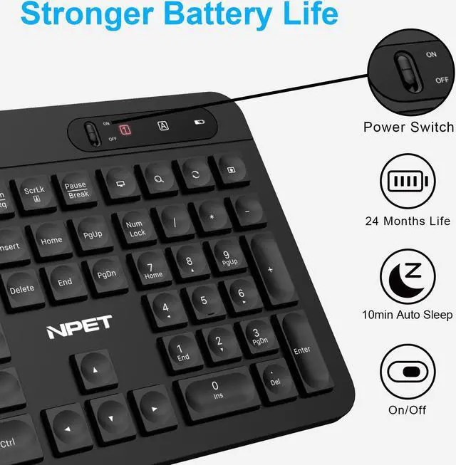 Alt view image 3 of 7 - NPET WK20 Wireless Keyboard, 2.4G Ergonomic, Enlarged Indicator Light, Full-Size Keyboard with Number Pad, 14 Hotkeys, Compatible with Computer, PC, Laptop