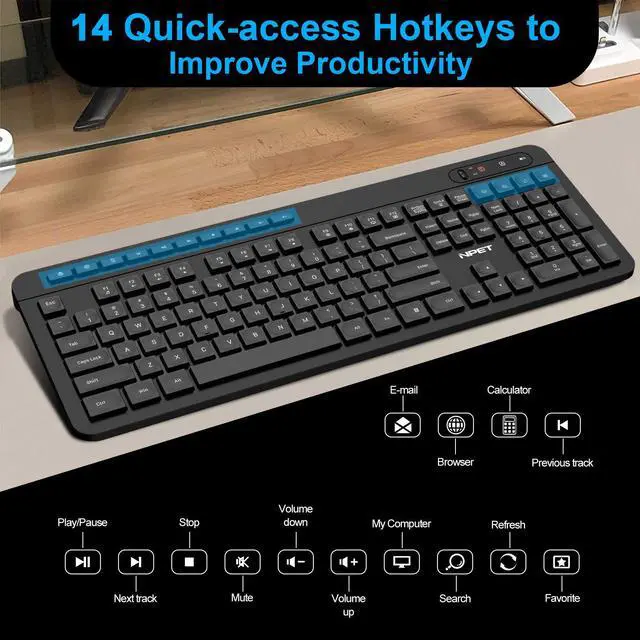 Alt view image 4 of 7 - NPET WK20 Wireless Keyboard, 2.4G Ergonomic, Enlarged Indicator Light, Full-Size Keyboard with Number Pad, 14 Hotkeys, Compatible with Computer, PC, Laptop