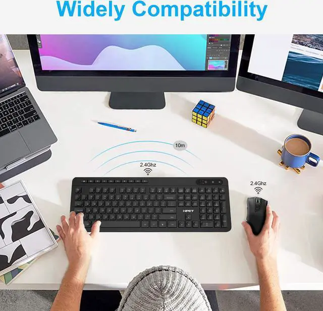 Alt view image 5 of 7 - NPET WK20 Wireless Keyboard, 2.4G Ergonomic, Enlarged Indicator Light, Full-Size Keyboard with Number Pad, 14 Hotkeys, Compatible with Computer, PC, Laptop