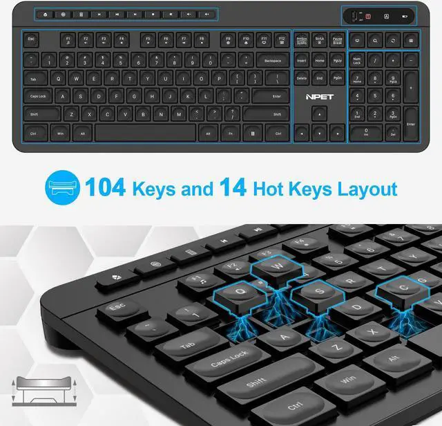Alt view image 6 of 7 - NPET WK20 Wireless Keyboard, 2.4G Ergonomic, Enlarged Indicator Light, Full-Size Keyboard with Number Pad, 14 Hotkeys, Compatible with Computer, PC, Laptop