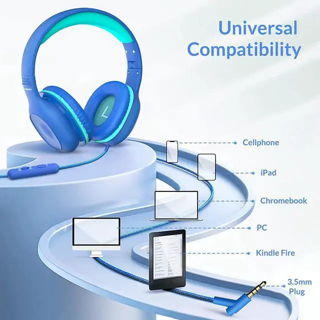 Alt view image 5 of 7 - Kids Headphones, NPET KH10 85dB/94dB Volume Control, Sharing Function, Mic, 3.5mm Jack Wired On-Ear Headset for Children/Teens/Boys/Girls/Smartphones/Tablet/School/Airplane Travel/Plane