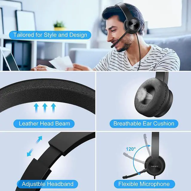 Alt view image 6 of 7 - NPET CH20 USB Headset, Stereo Headphones with Noise-Cancelling Microphone, in-Line Control, PC/Mac/Laptop, Black