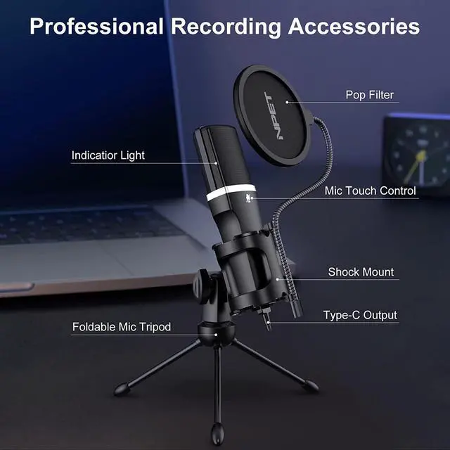 Main image of NPET CM20 USB Condenser Gaming Microphone for PC, Mac, PS4 and PS5, Cardioid Polar Pattern, Tap-to-Mute Sensor, Pop Filter, for Streaming, Podcast, Studio Recording