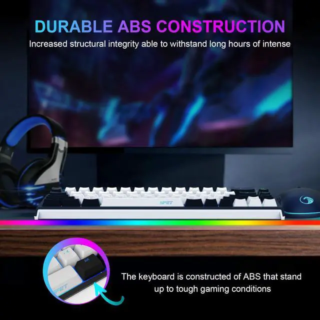 Alt view image 4 of 7 - NPET K62 65% Gaming Keyboard, RGB Backlit Ultra-Compact Gaming Keyboard, Mini Wired Computer Membrane Keyboard for Windows PC Gamers(68 Keys, White Black)