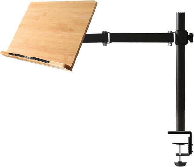 Bamboo Book Stand Height Adjustable with Clamp, wishacc Table Side Cookbook  Rest - Desktop Reading Mount Holder with Sturdy Page Clips 11 x 8.1 inch 