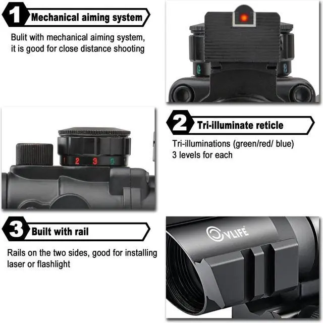 Alt view image 4 of 6 - CVLIFE 4x32 Tactical Rifle Scope Red & Green &Blue Illuminated Reticle Scope with Fiber Optic Sight