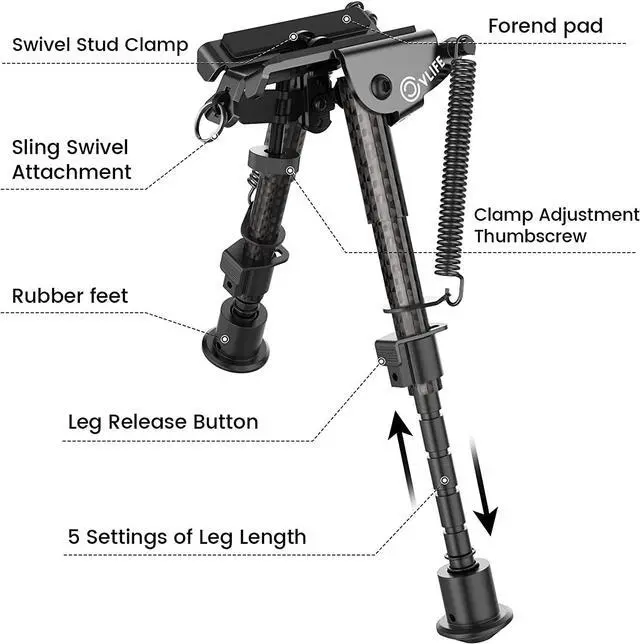 Alt view image 2 of 6 - CVLIFE Picatinny Bipod for Rifle, 6-9 Inches Carbon Fiber Bipod with Adapter
