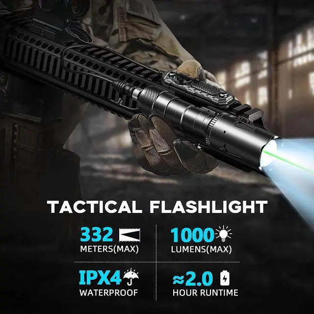 Alt view image 2 of 7 - Rifle Light 1000 Lumens Picatinny Flashlight for Rail Mount, Green Beam Laser Light Combo, Long Gun Light with Remote Switch Constant Strobe
