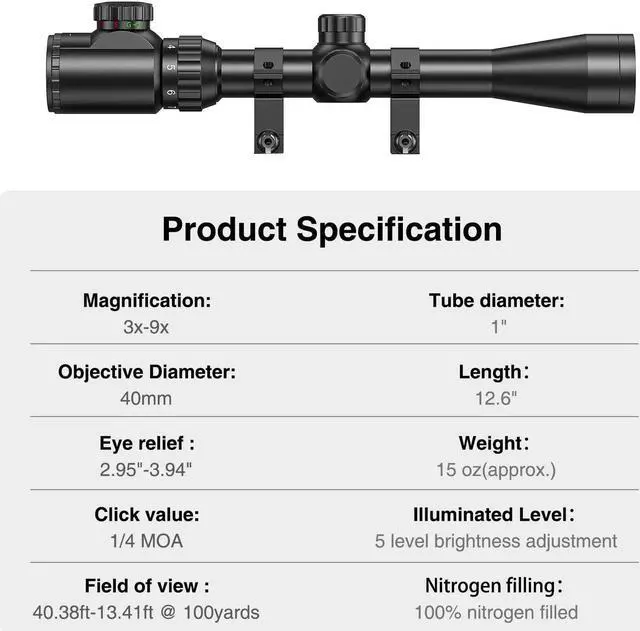 Alt view image 4 of 6 - CVLIFE 3-9x40 Rifle Scope, Red & Green Illuminated Optical Scope for Hunting with 20mm Free Mounts