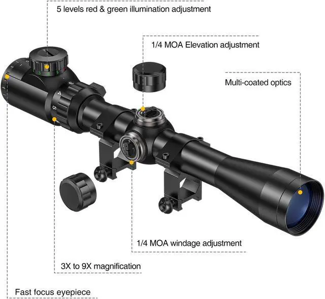 Alt view image 5 of 6 - CVLIFE 3-9x40 Rifle Scope, Red & Green Illuminated Optical Scope for Hunting with 20mm Free Mounts