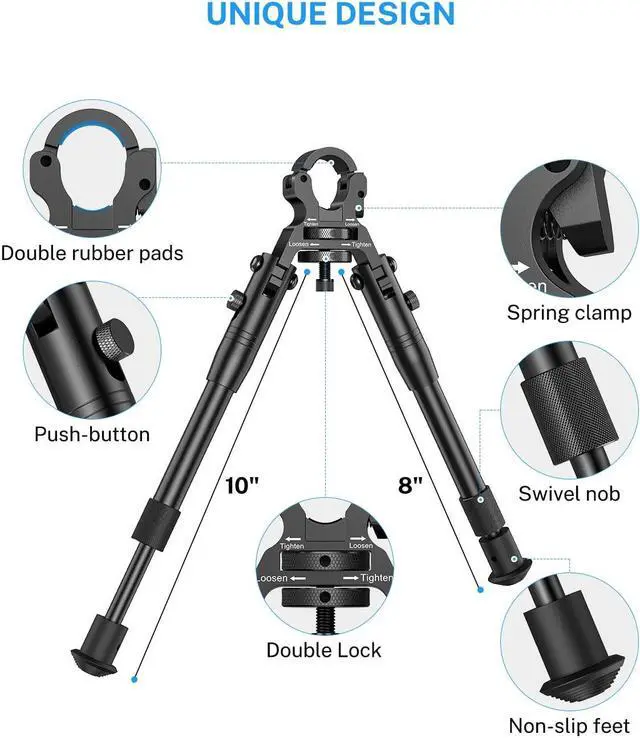 Alt view image 2 of 6 - Clamp-on Bipod, Bipod for Rifle, Height from 8"-10", Quick Release Design Barrel Size: 0.43 to 0.75 Inch double lock