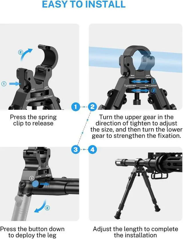 Alt view image 5 of 6 - Clamp-on Bipod, Bipod for Rifle, Height from 8"-10", Quick Release Design Barrel Size: 0.43 to 0.75 Inch double lock