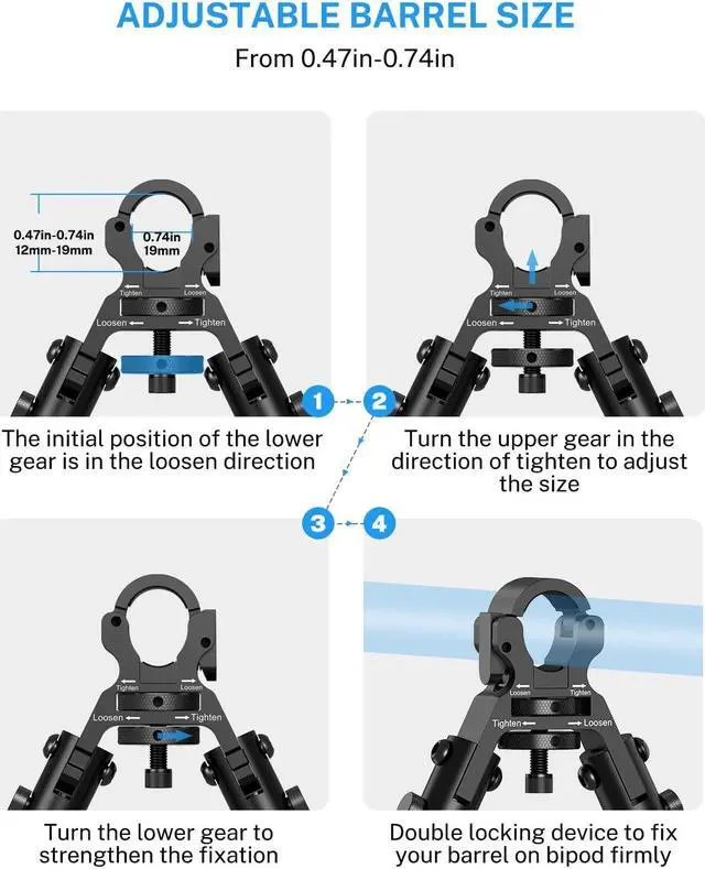 Alt view image 4 of 6 - Clamp-on Bipod, Bipod for Rifle, Height from 8"-10", Quick Release Design Barrel Size: 0.43 to 0.75 Inch double lock