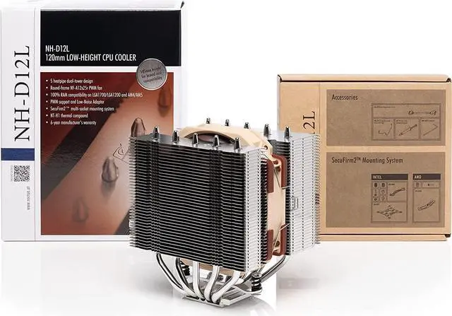 Alt view image 7 of 7 - Noctua NH-D12L, Low-Height Dual-Tower CPU Cooler (120mm, Brown)