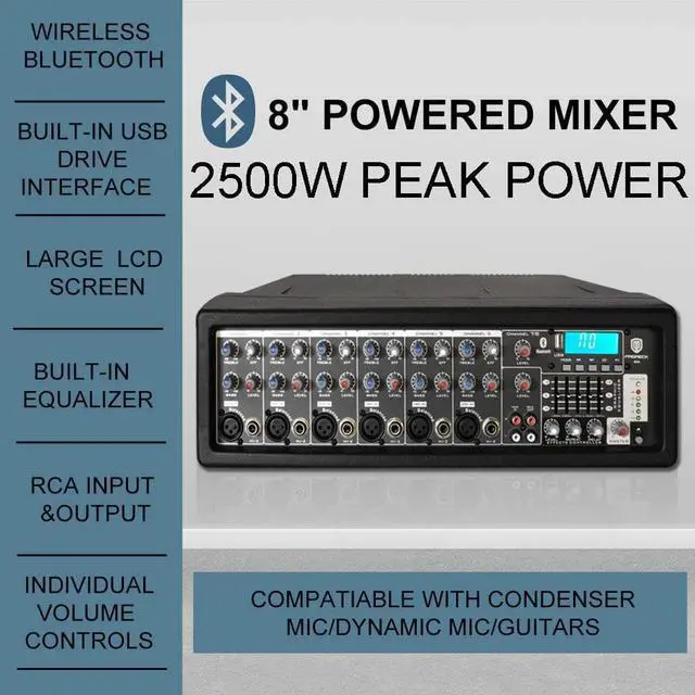 Alt view image 2 of 7 - PRORECK MX10 1600W 6-channel Powered Bluetooth Mixer with 10inch Passive Speakers PA System Mixer/Amp/ Stands/Mic