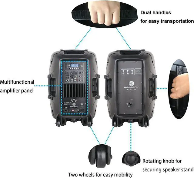 Alt view image 3 of 5 - PRORECK Party 12 12-Inch 1000 Watts 2-Way Powered PA Speaker System Combo Set with Bluetooth/USB/SD Card/FM Radio/Remote Control/Wired microphone/tripod Stand