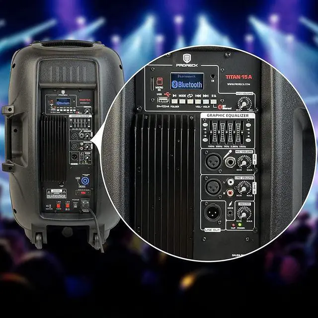Alt view image 4 of 7 - PRORECK Titan 15A 600W 15inch LED Powered Bluetooth PA Speaker with Height Adjustable Stand, Remote Control and Mic, TWS Stereo Pairing, Suitable for Party, Wedding, DJ Gig etc.
