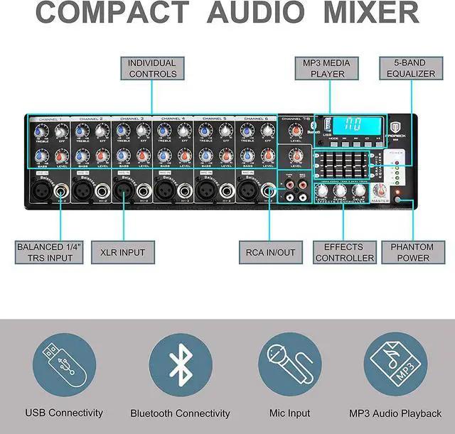 Alt view image 2 of 7 - PRORECK MX15 15inch 2500W Bluetooth Powered PA System Mixer/Amp with Stands/Mic Effect Controller 48V Phantom Power, Audio Interface, Musical Instruments