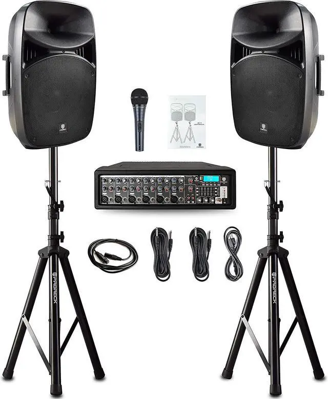 Main image of PRORECK MX15 15inch 2500W Bluetooth Powered PA System Mixer/Amp with Stands/Mic Effect Controller 48V Phantom Power, Audio Interface, Musical Instruments