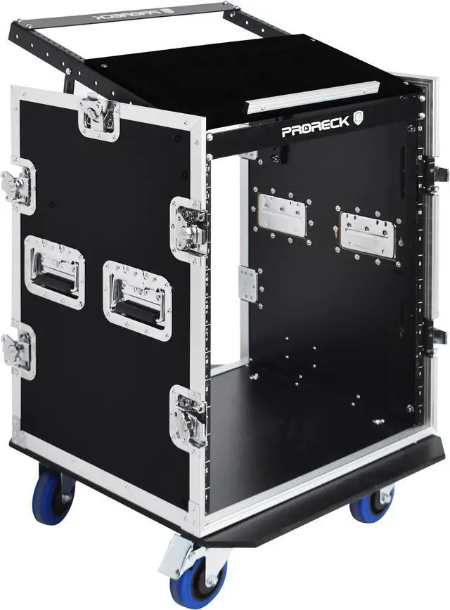 Main image of PRORECK 14U Rack/Road Case With Slant Mixer Top, And Casters, 20'' Rackable Depth, Plywood, 14U Installation Size, Pro Stage Performance.