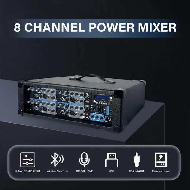Alt view image 3 of 4 - Proreck MX18 8-Channel 2400w Professional Audio Mixer with USB Interface, Bluetooth, Effect Controller, and 15V Phantom Power.Ideal for Studio Recording, Live Performances, DJs, Bands, Party, Wedding