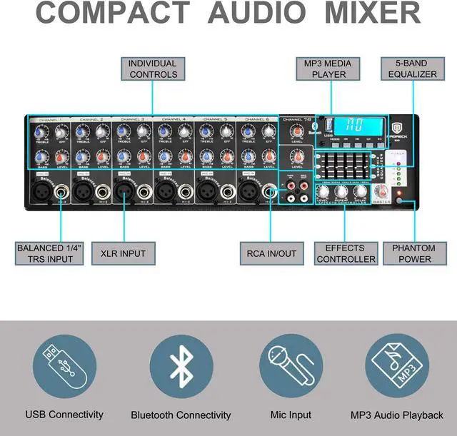 Alt view image 3 of 6 - PRORECK MX8 2500 P.M.P.O 8 Channel Compact Studio Powered Mixer with Built In Effects & USB Audio Interface for Party/Meeting/Wedding +48V Phantom Button